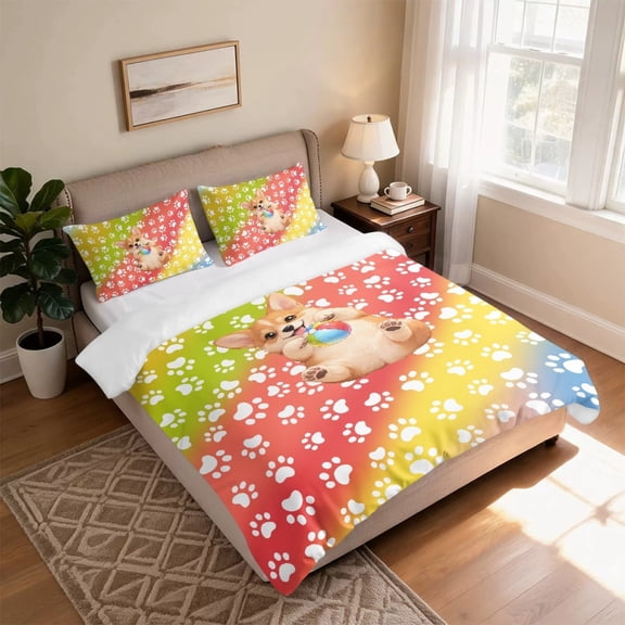 Soft Cotton 3 Piece Bedding Set Cute Corgi Dog Comforter with 2 Shams Pillowcase All Season Twin XL