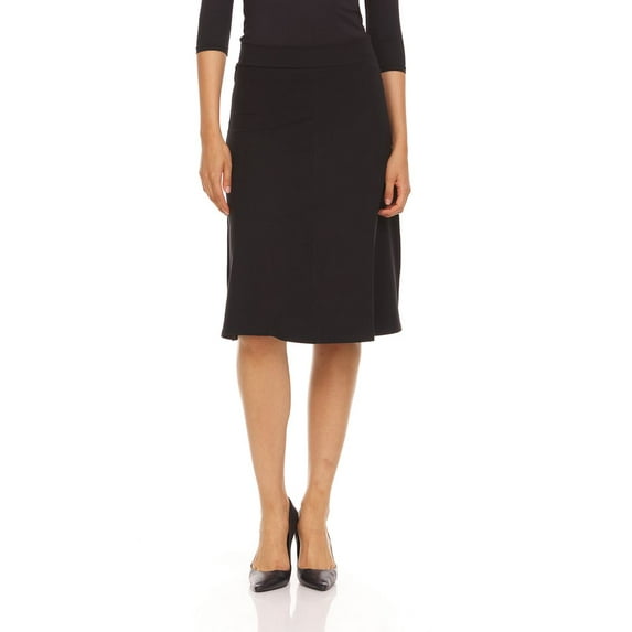 Soft Cotton A-Line Midi Skirt For Women By BGDK- Knee Length Skirt With middle seam Elastic Waist- 95% Cotton Fit And Flare Skirt- High Waist Flowy Skirt For Work, Office, Business, Church black
