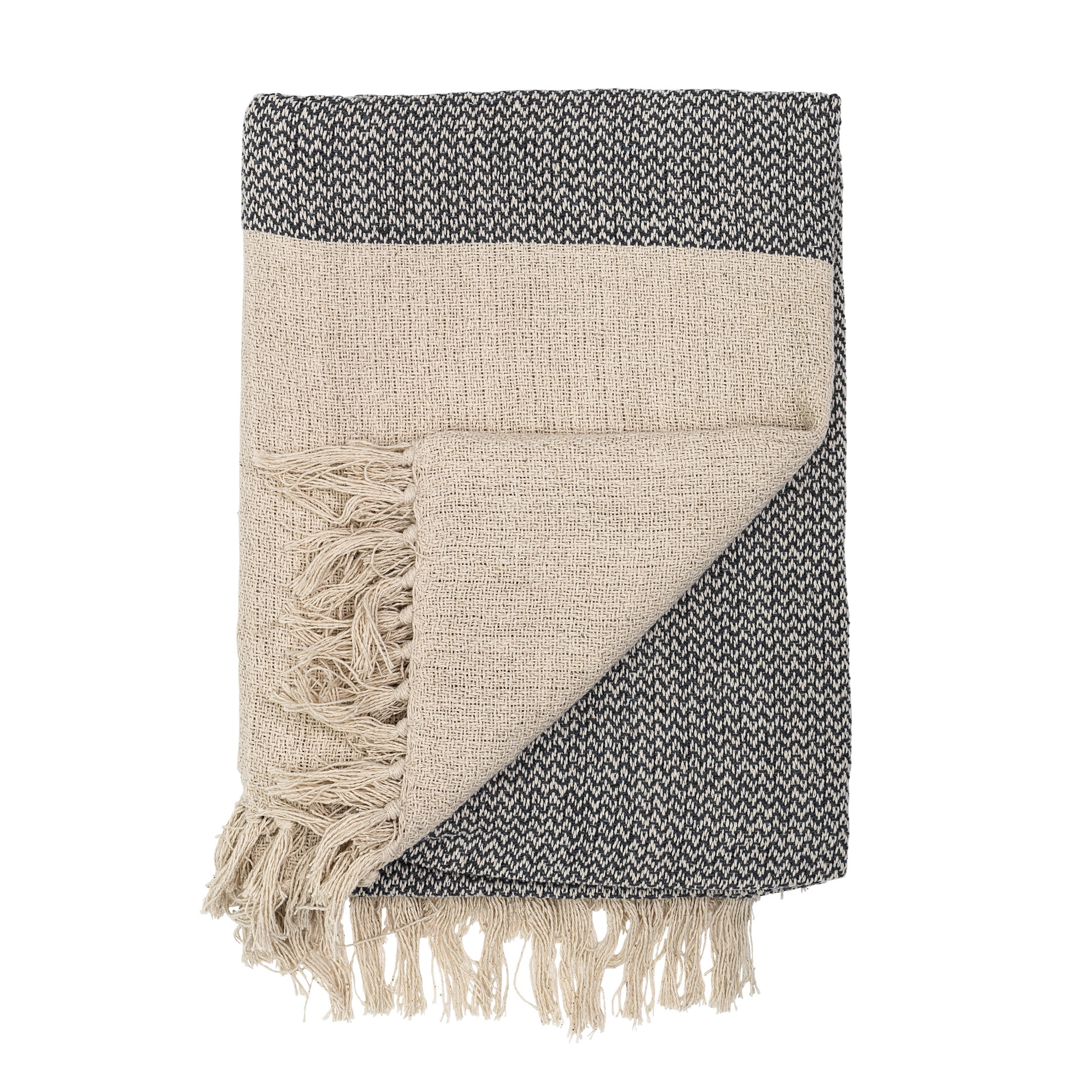 Grey and Cream Reclaimed Cotton Blend Knit Throw with Fringe
