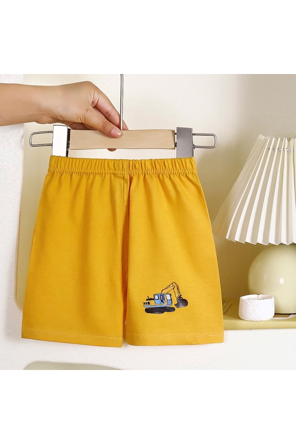 Soft Cotton Boys Shorts with Excavator Print, Elastic Waist Play Shorts for Kids Kids Age 1-8, Yellow Construction Truck Summer Shorts,Size 3-4T