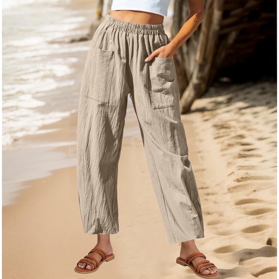 Soft Cotton Casual Pants - Women Solid Color Cotton and Linen Pocket Elastic Waist Loose Casual Wide Leg Pants Khaki S