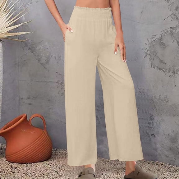 Soft Cotton Casual Pants - Women's Loose Casual and Comfortable Solid Color Flower Bud Waist Strap Pants Beige Xxl