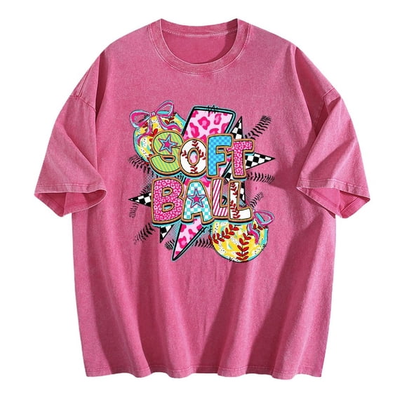Soft Cotton Classic T-Shirt - ComfortableCute Softball Graphic Tee with Rainbow Letters And Baseball Accents Ladies Top