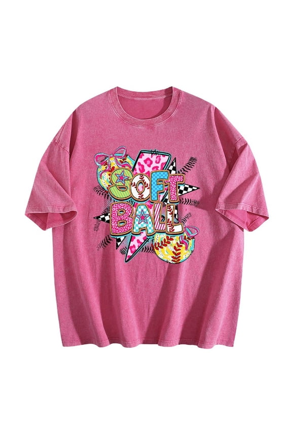 Soft Cotton Classic T-Shirt - ComfortableCute Softball Graphic Tee with Rainbow Letters And Baseball Accents Ladies Top