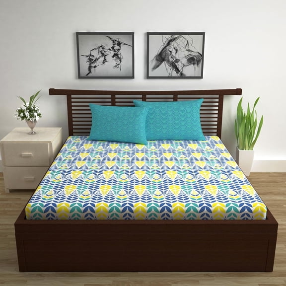 Soft Cotton Double Bedsheet For Queen Size With 2 Pillow Covers | 87 X 100 Inches, Blue & Yellow - Soft & Breathable Fabric | Comfortable For Daily Use