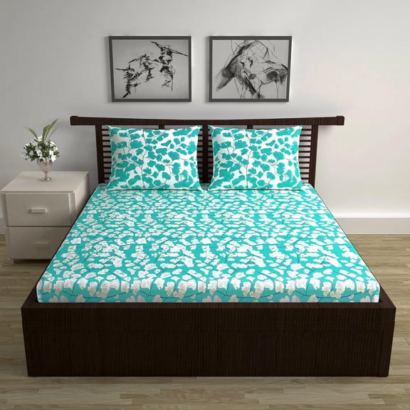 Soft Cotton Double Bedsheet For Queen Size With 2 Pillow Covers | 87 X 100 Inches, Teal & White - Soft & Breathable Fabric | Comfortable For Daily Use