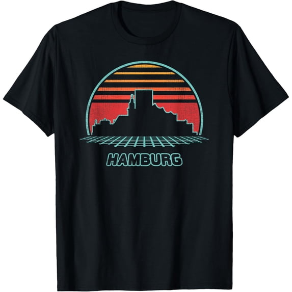 Soft Cotton - Hamburg Retro City Skyline 80s Style Souvenir Gift T-Shirt
