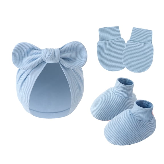 Soft Cotton Infant Bowknot Hat with Matching Mittens and Foot Covers Anti Scratch Design 0-6 Month Baby Shower Gift