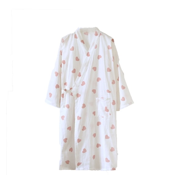 Soft Cotton Japanese Sleepwear Cute Heart Print Kimono Yukata Lightweight Bathrobe Nightgown Breathable Pajamas Women