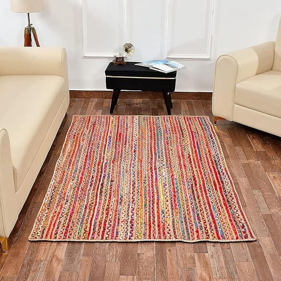 Soft Cotton with Jute Area Rug  Handwoven, Reversible, Lightweight & Machine Washable  Perfect for Living Room, Bedroom, Entryway, or Nursery - 8 x 8 Feet Square (240 cm x 240 cm)