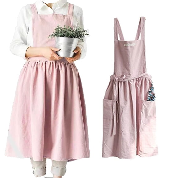 Soft Cotton Kitchen Cooking Apron, Cross Back Bib Apron with Pockets, Adjustable Waist Work Apron for Restaurant Catering Chef
