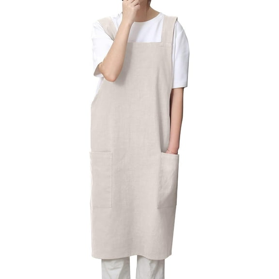 Soft Cotton Linen Apron for Women - Non-tie Cross Back Apron with Pockets, Great for Florist and Kitchen