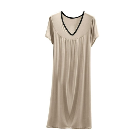 Soft Cotton Plus Size Sleepshirts New Women Short Sleeve Cotton Nightgown Soft Comfy V Neck Lounge Dress Flowy Pleated Nightshirts Sleep Dresses Beige XL