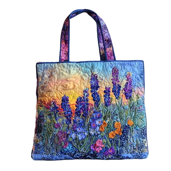 Soft Cotton Quilted Sunset Lupine Tote Bag Vintage Retro Large Capacity Hobo Shoulder Bag Lightweight Fashion Portable Top Handle Purse for Office Daily