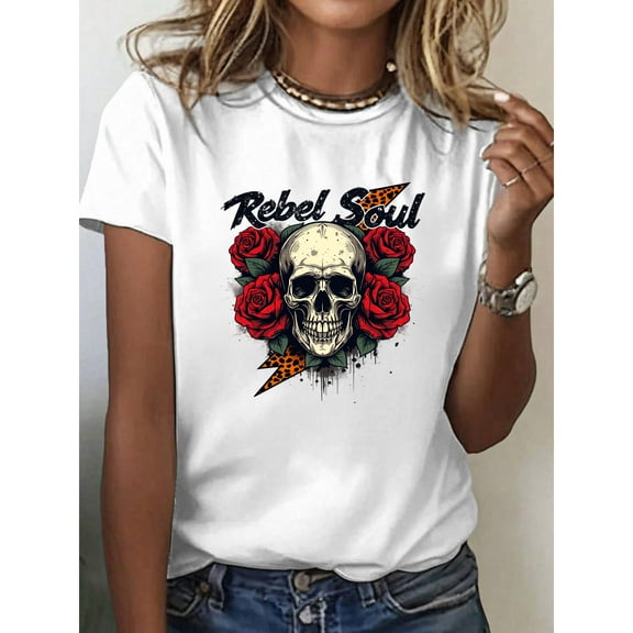 Skull & Rose Rebel Graphic Tees Edgy Women's Cotton T Shirts Short Sleeve Casual Tops White,S