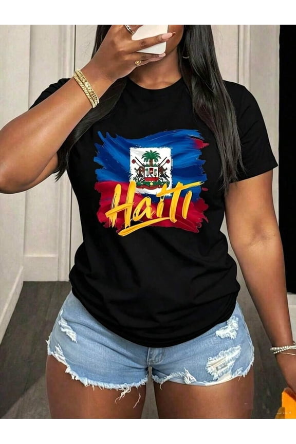 Soft Cotton Shirt For Women Haiti Letter Print Shirt Percent Cotton Minimalist Style Crew Neck Breathable Comfortable Daily Outfit World Cup Support Jersey
