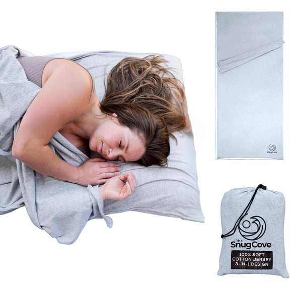 Soft Cotton Sleeping Bag Liner  100% Organic Jersey Travel Sheet with Full Zipper, Lightweight Camping for Hotel & Travel, Single or Double Convertible Stretchy Sleep Sack Adults
