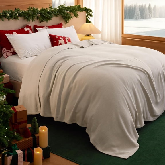 Soft Cotton Throw Blanket + 90x90 Inch Queen Size – Textured Herringbone Weave, Lightweight and Comfortable, Decorative Blanket for Bed, Couch, or Sofa, Beige