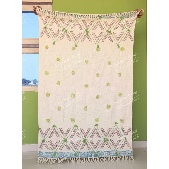 Soft Cotton Throws Blankets, Hand Loom Hand Block Printed Bed Runner Boho Cotton Fringed Blanket Beach Throw