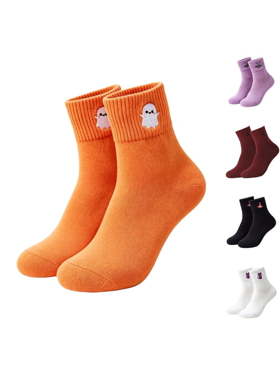 Soft Cotton Women's Novelty Ankle Sock, ZDNIXIAN Premium Cotton Crew Socks, Minimal Halloween Ghost Spider BatMoon Embroidery For Holiday DressUp And Daily Matching