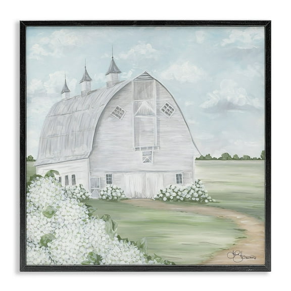 Soft Country Landscape White Barn and Hydrangeas 12 in x 12 in Framed Painting Art Print, by Stupell Home Décor