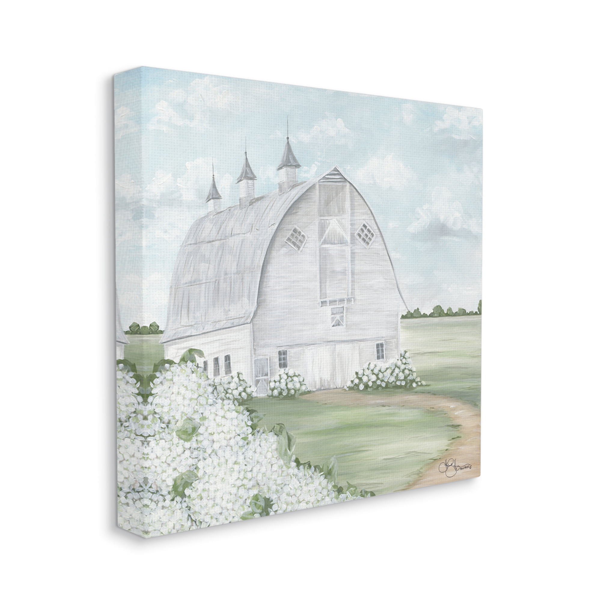 Soft Country Landscape White Barn and Hydrangeas Landscape Gallery-Wrapped Canvas Print Wall Art, 17x17