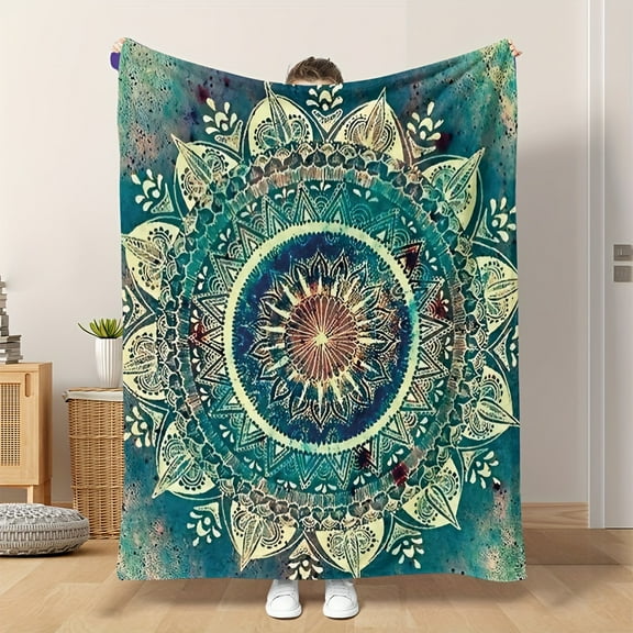 Soft Cozy 1pc Mandala Fleece Blanket - Polyester Throw with Vibrant Blue, Green, and Yellow Patterns - Ideal for Sofa, Napping, Bedding, Perfect Gift and Holiday Present