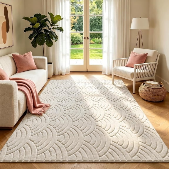 Soft Cozy  Arch Waves  High-Low Textured Area Rug 5'x7' Non Slip Washable Minimalist Modern Graphic Rainbow Carpet for Living Room Bedroom Bathroom Dining Room, Cream