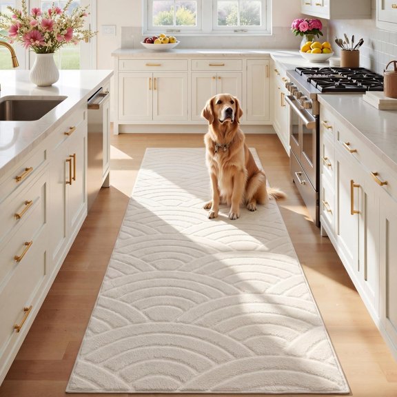 Soft Cozy Arch Waves High-Low Textured Runner Rugs 2'x6' Non Slip Washable Minimalist Rug Modern Graphic Rainbow Carpet for Living Room Bedroom Bathroom Kitchen Hallway, Cream
