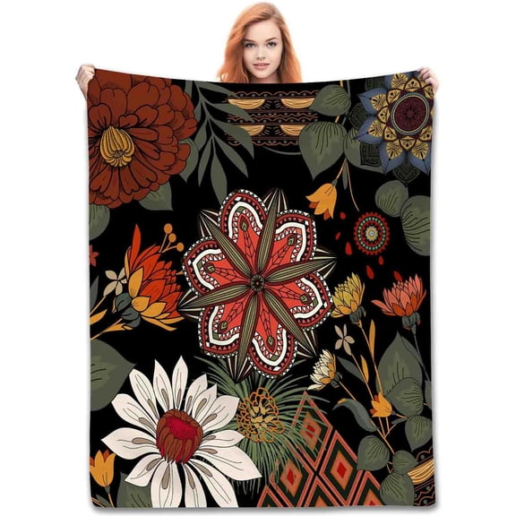 Soft Cozy Bohemian Mandala Floral Print Fleece Throw Blanket for Couch Bedroom Living Room Home Decoration