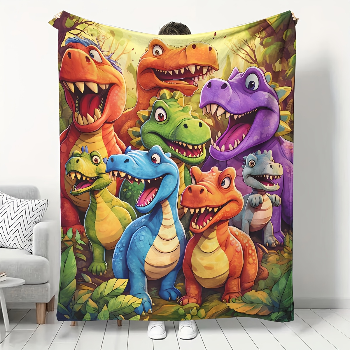 Soft & Cozy Cartoon Dinosaur Print Flannel Blanket - Vibrant, Warm, and Versatile for Office, Camping, Travel - Machine Washable, All-Season Gift, Perfect for Youngsters, Birthday, Party Favors, Surv