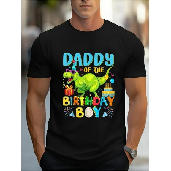 Soft and Cozy Cotton Short - Sleeved T - Shirt Printed "Daddy of The Birthday Boy" with Dinosaur and Balloon Decoration, Suitable for Family Celebrations