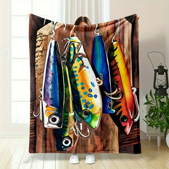 Soft & Cozy Fishing Lure Print Flannel Throw Blanket - Versatile for All Seasons, Perfect for Bed, Sofa, Camping | Easy Care, Machine Washable | Sizes: 78.74x119.38cm, 127.0x149.86cm, 149.86x198.12cm