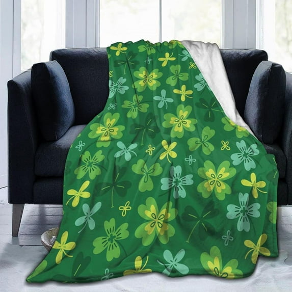 Soft Cozy Flannel Fleece Blanket for All Seasons St. Patrick''s Day with Colorful Clovers Lightweight Throw Blanket for Bed/Couch/Sofa/Camping- Green Lucky Shamrocks Irish Clover 50"X40"