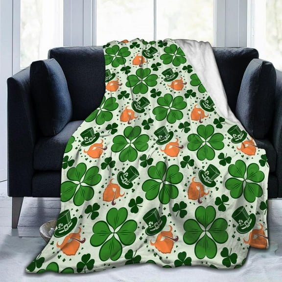 Soft Cozy Flannel Fleece Blanket for All Seasons St. Patrick''s Day Green Shamrock Lightweight Throw Blanket for Bed/Couch/Sofa/Camping- Green Lucky Shamrocks Irish Clover 50"X40"