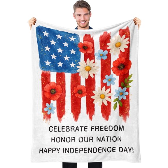 Soft Cozy Flannel Throw Blanket with Floral American Flag Print Celebrate Freedom Honor Our Nation Happy Independence Day Warm Blanket for Couch Bed Sofa
