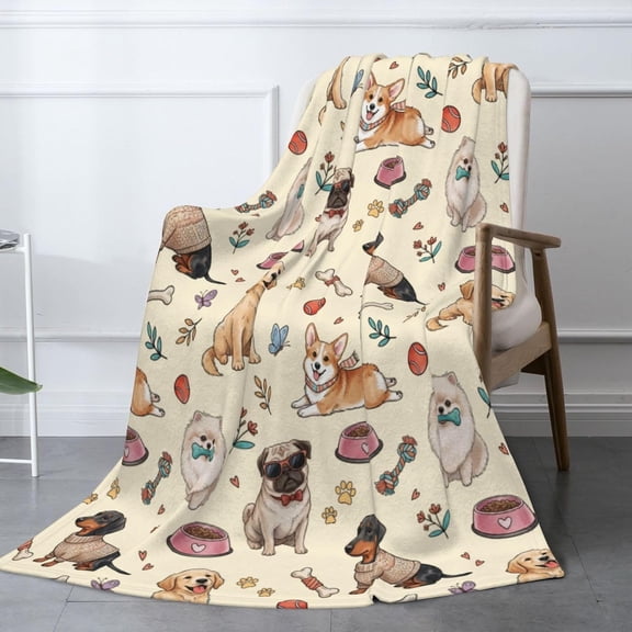 Soft Cozy Flannel Throw Blanket with cute cartoon multi dog prints for couch bed sofa