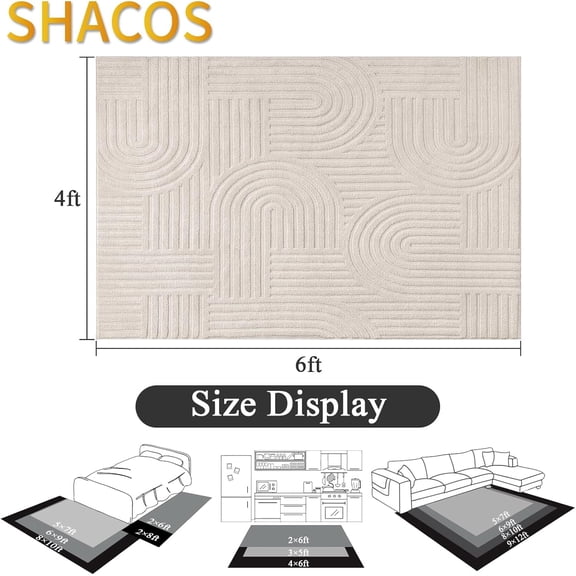 Soft Cozy Fluffy Arch Pattern High Low Pile Area Rugs 4'x6' Non Slip Washable Scandinavian Minimalist Rug Modern Geometric Arc Carpet for Living Room Bedroom Dining Room, Beige