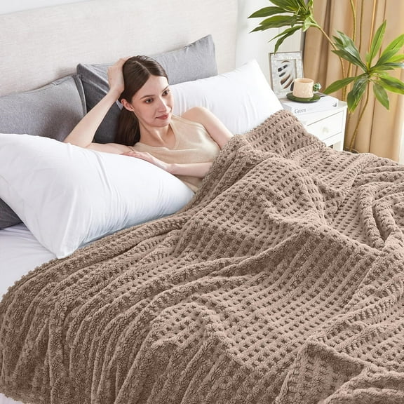 Soft Cozy Fuzzy Fleece Throw Blanket, Waffle Light Taupe, 50x60 Inches Lightweight, Fluffy, and Warm 3D Jacquard All-Season Blanket for Couch, Bed, Sofa, Home Decor, Camping, Travel