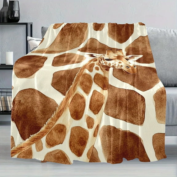 Soft & Cozy Giraffe Print Flannel Blanket - All-Season Polyester Throw with Cute Giraffe Design, Brown & White Pattern, Perfect for Home, Office, or Gift (Christmas, Birthday, Easter, Valentine'S Day