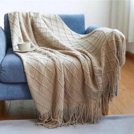 Soft Cozy Lightweight Vintage Textured Knitted Throw Blankets with Tassels for Adults - Farmhouse Woven Blanket  Decorative Throws