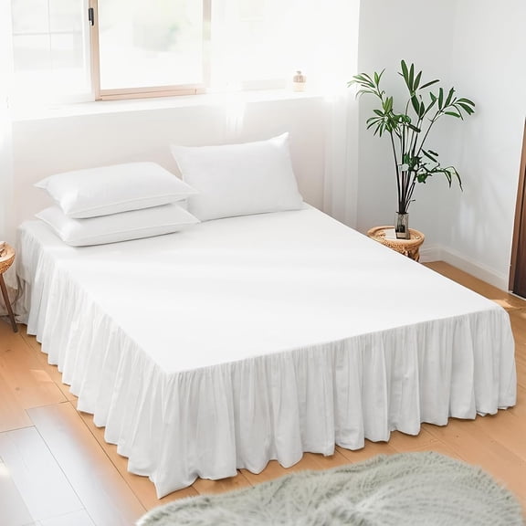 Soft Cozy Linen Bed Skirt with Pleated Frills - 14" Tailored Drop Dust Ruffle for & Modern Bedrooms, Breathable Linen- Blend, Easy-Fit Bedding (14" , White)