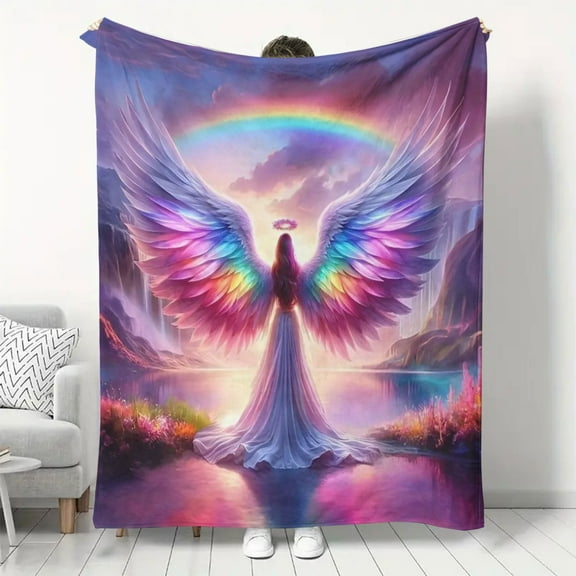 Soft & Cozy Rainbow Angel Print Flannel Throw Blanket Perfect for Couch Bed Office Naps & Travel Versatile All-Season Gift Blanket