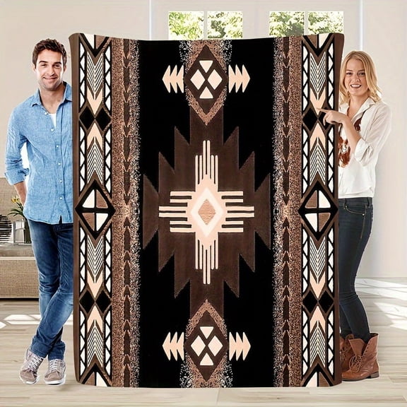 Soft & Cozy Southwestern Geometric Print Flannel Throw Blanket - Oversized, Vintage Style with Brown, Beige & White Patterns, Perfect for Office Naps
