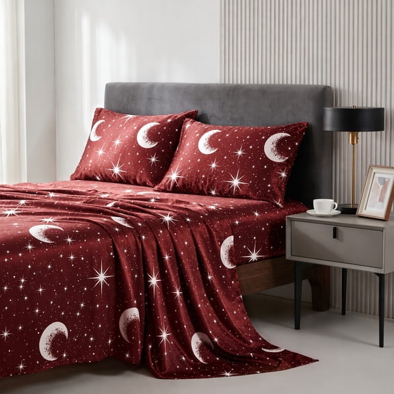Soft Cozy Star‑Moon Printed 4‑Piece Bedding Set, Breathable non‑sticky fabric for naked sleep, skin‑friendly & ultra‑soft, easy to clean, all‑season usable, extra comfortable in summer