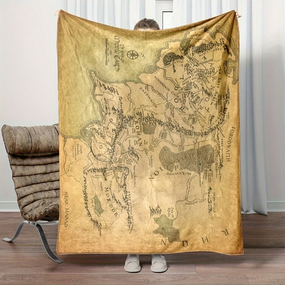 Soft, Cozy Vintage Middle-Earth Fantasy Map Printed Flannel Throw Blanket | Warm with Ringwraith Design, Perfect for Living Room, Bedroom, or Study – Ideal for Collectors and Enthusiasts