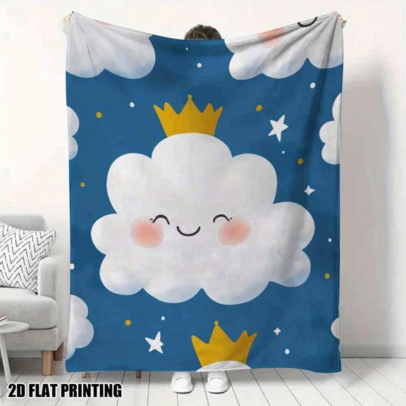 Soft Crown Cloud Smile Printed Flannel Throw Blanket - Cozy Plush Warm Cover for Bed Sofa All Seasons