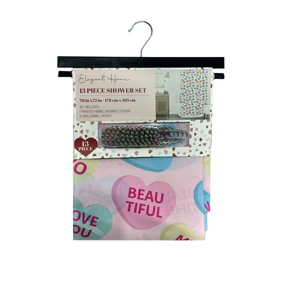 Soft&Cuddly 13-Piece Shower Curtain Set with Rollerball Hooks, 70"x72", Polyester, Love