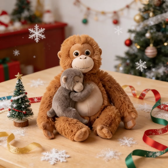 Soft Cuddly Mama Punch Monkey, 14in Mom and Baby Orangutan Stuffed Animal for Toddlers, Anxiety Relief