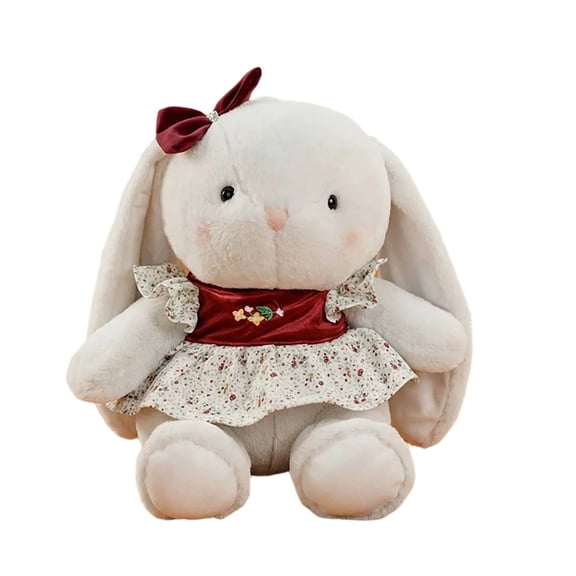 Soft Cuddly White Bunny Plush With Red Bow And Floral Dress Cute Rabbit Stuffed Animal For Cozy Snuggles(L-11.8In Rabbit)#1448